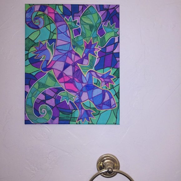 Abstract Style Painting Of Two Purple & Green Geckos Hand Painted 14x11 Canvas - Picture 2 of 16